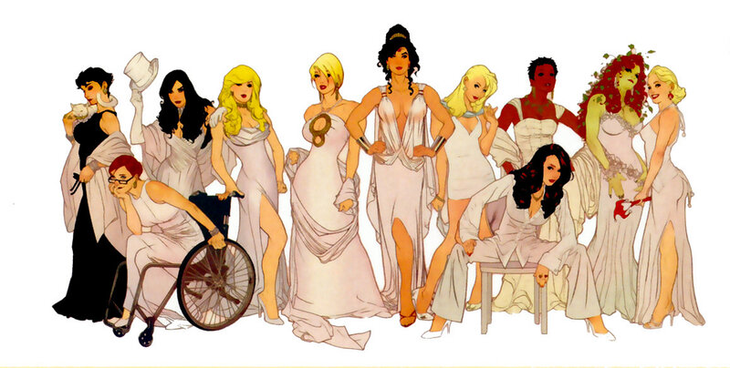diverse women in white gowns