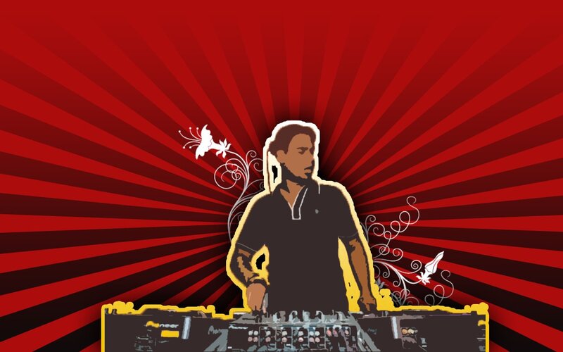 DJ at turntable with red background