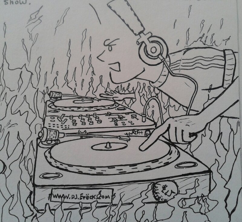 DJ at Turntables — Black, Energetic, Illustration, Headphones