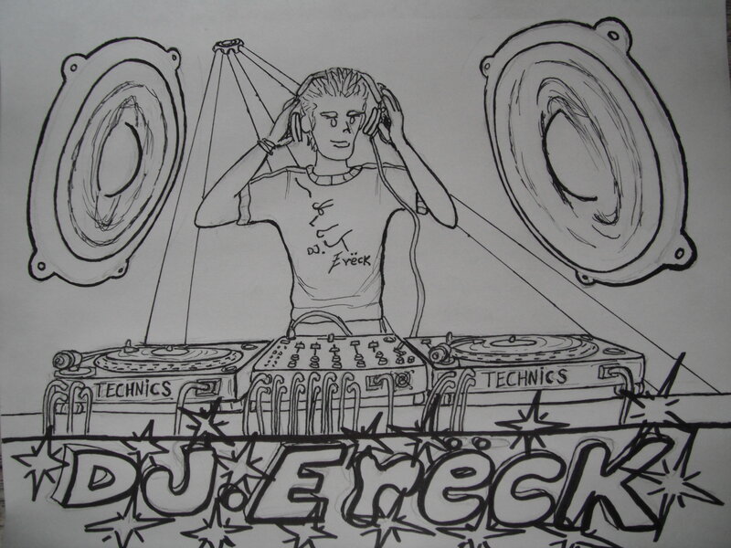 DJ at Turntables — Black, Energetic, Illustration, Speakers, Headphones