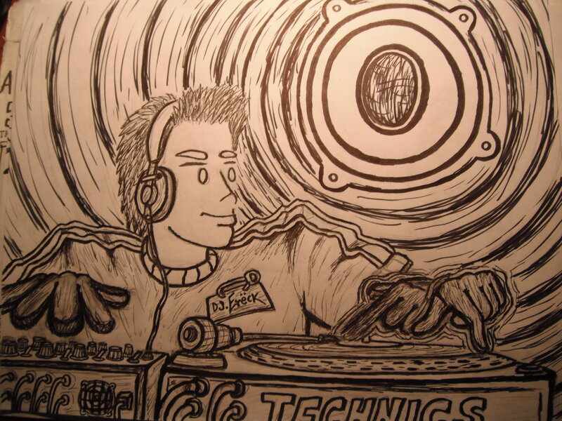 Dj at Turntables — Black, Energetic, Illustration