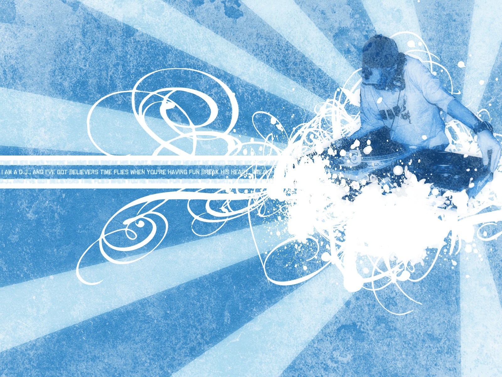 DJ at turntables with blue art