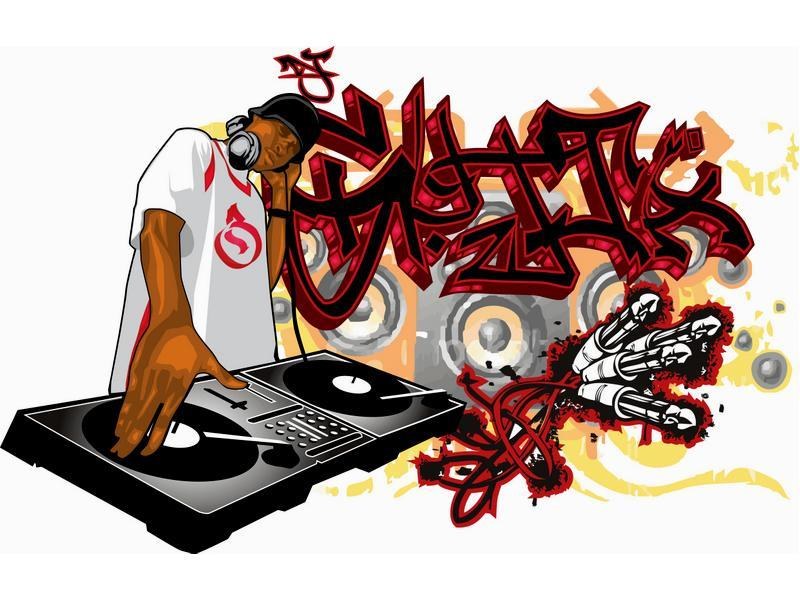 DJ at turntables with graffiti art