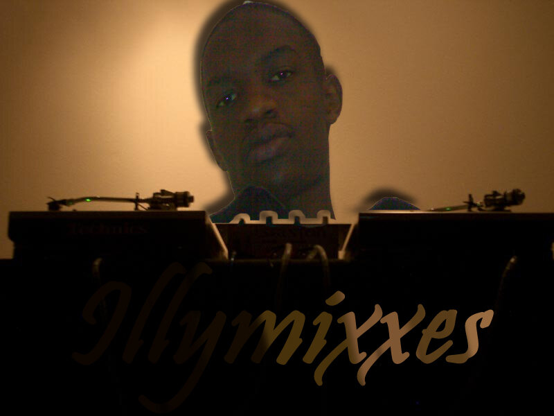 DJ at turntables with logo