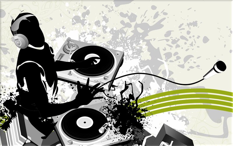DJ at turntables with microphone