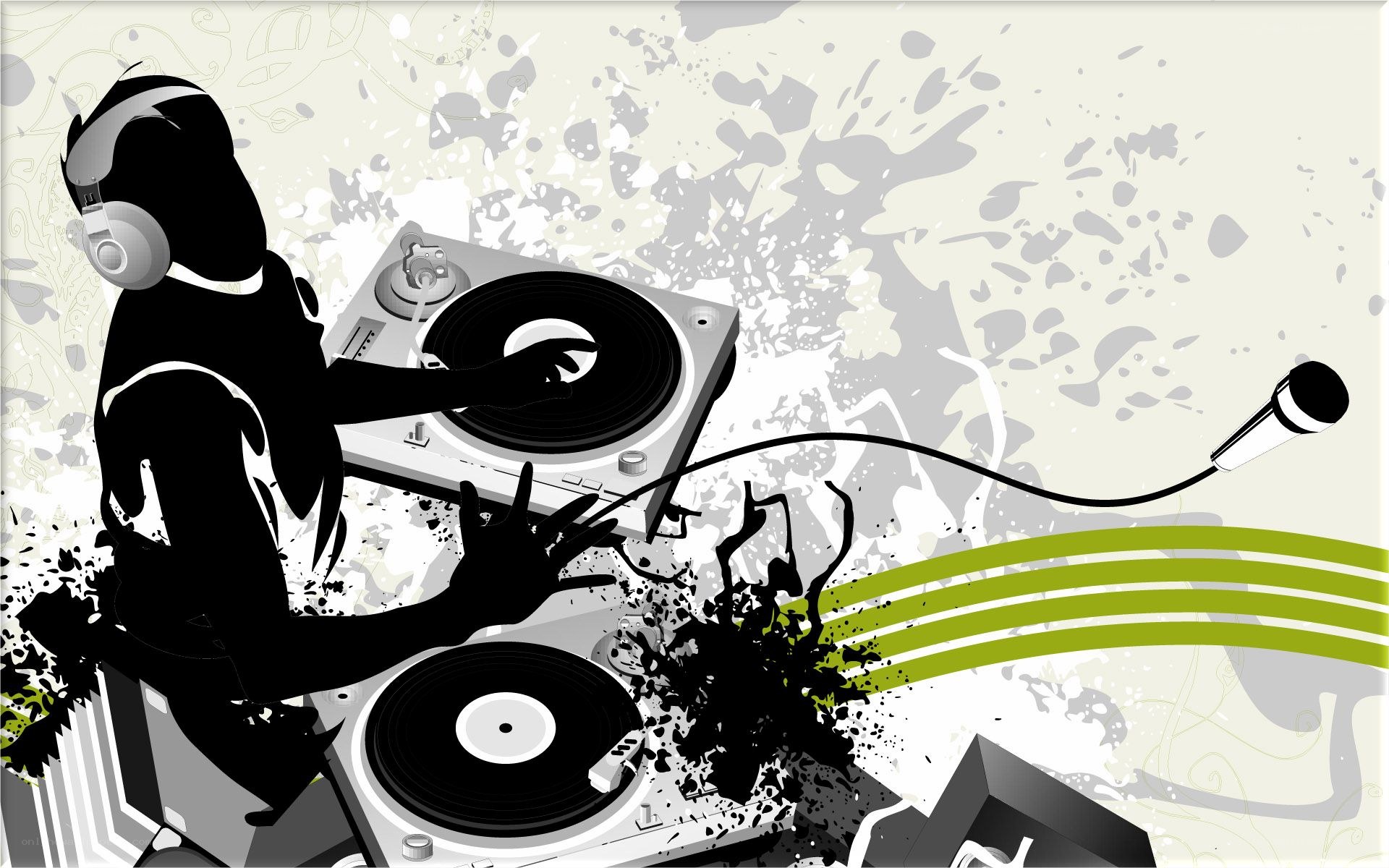 DJ at turntables with microphone