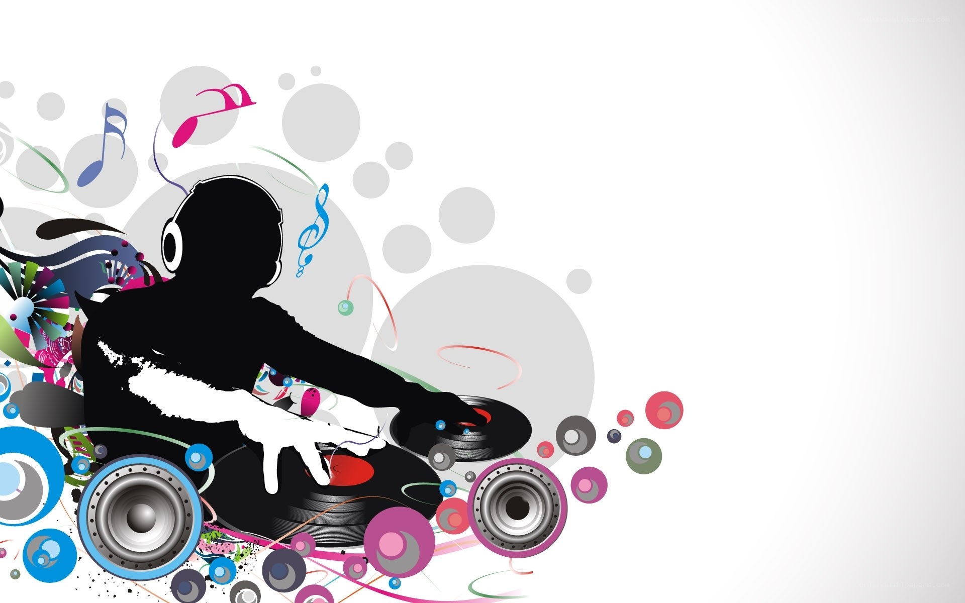 DJ at turntables with music notes