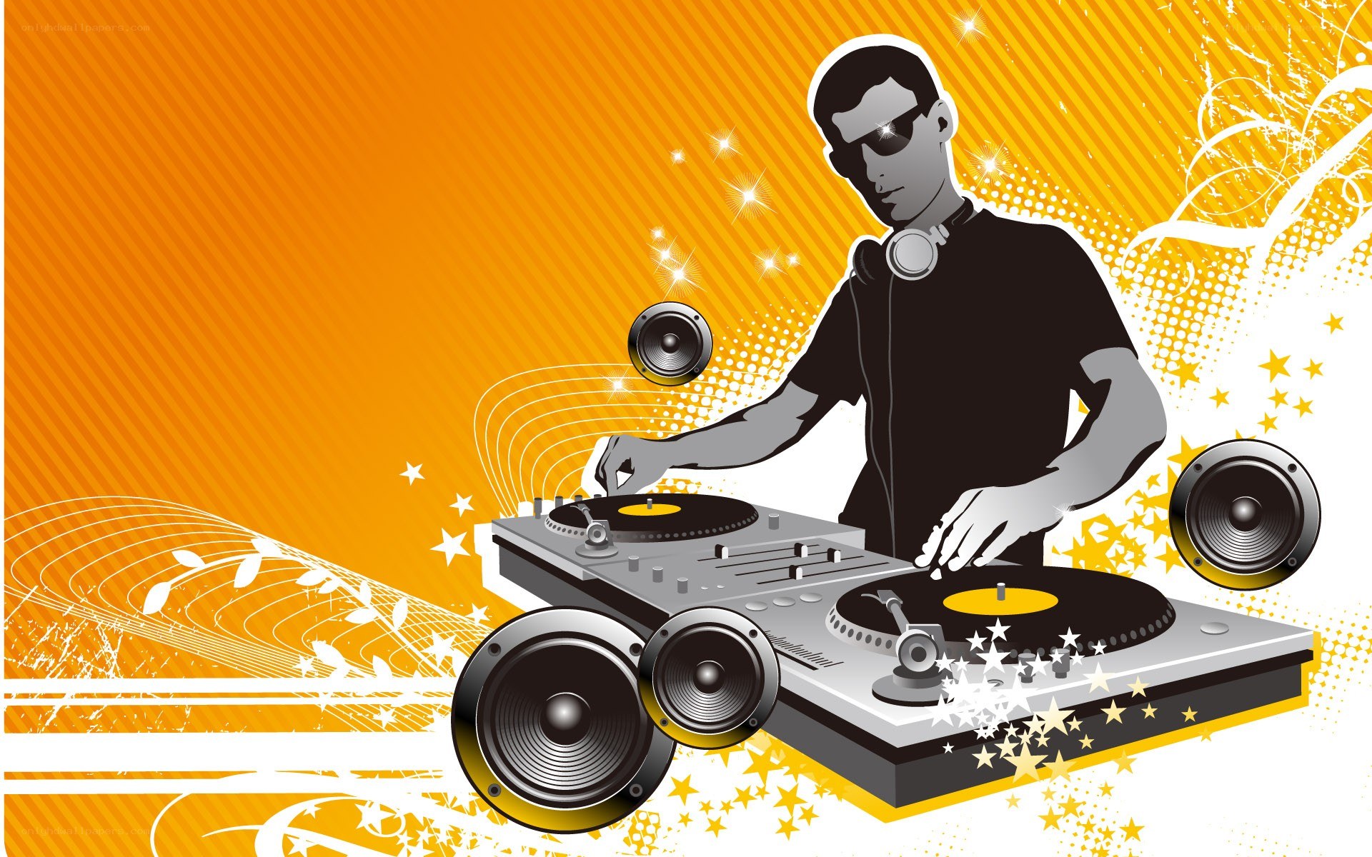DJ at turntables with speakers