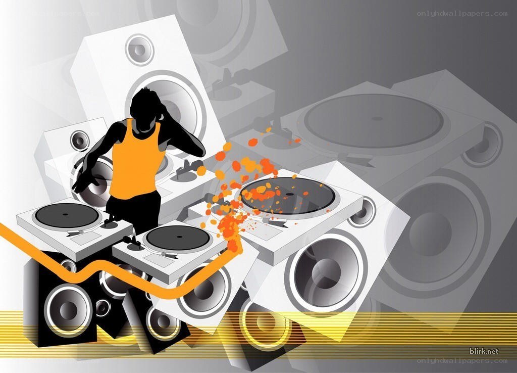 DJ at turntables with speakers