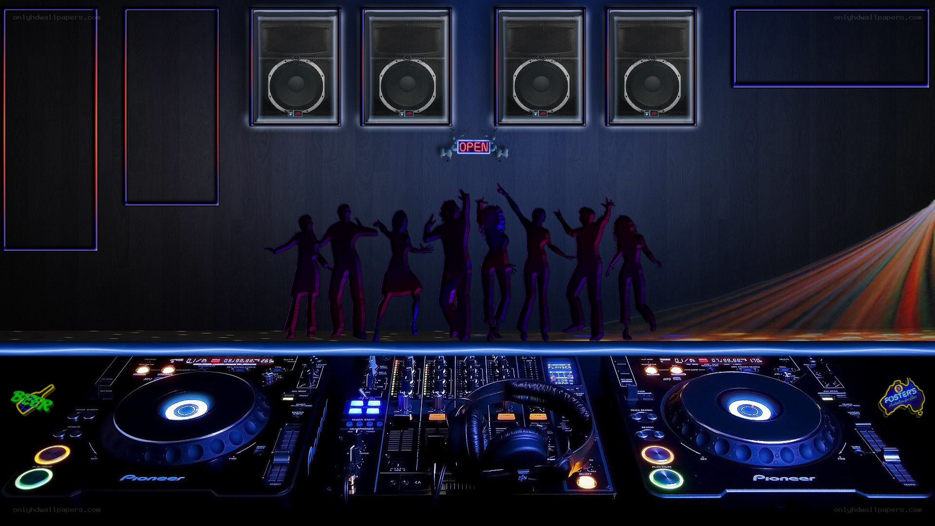DJ booth with dancing silhouettes