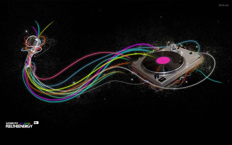 DJ equipment with colorful light trails