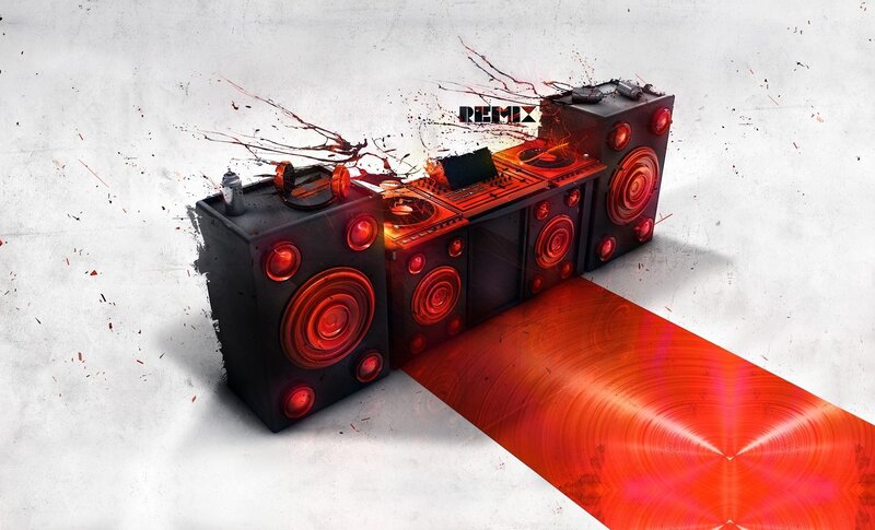 DJ equipment with red energy burst