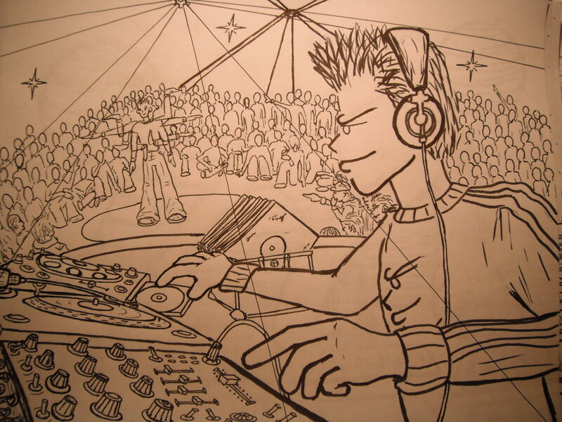 Dj Performing at Concert — Black, Energetic, Night, Illustration