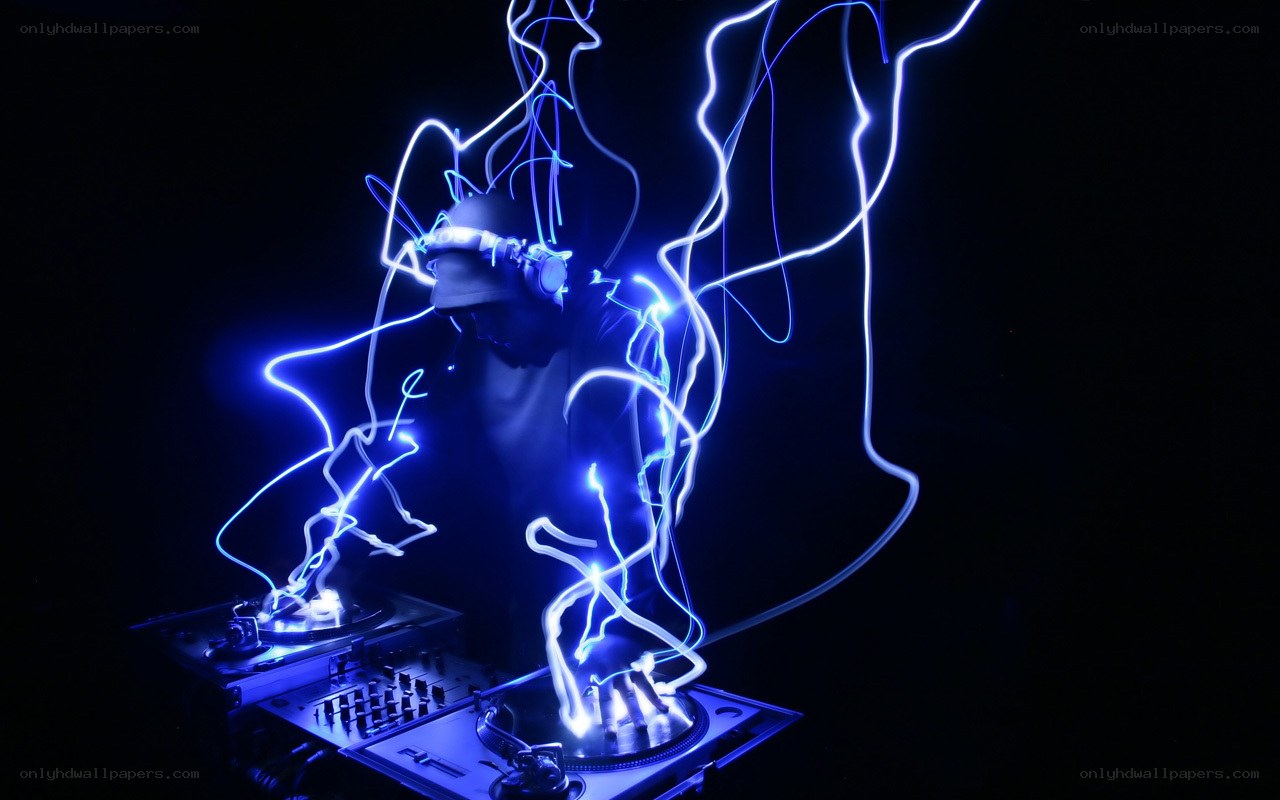 DJ performing with light trails