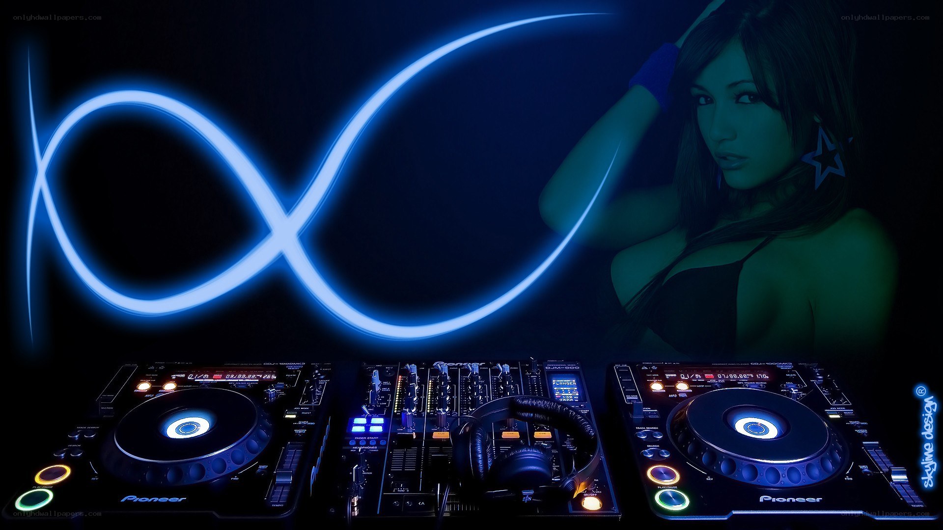DJ setup with neon infinity symbol