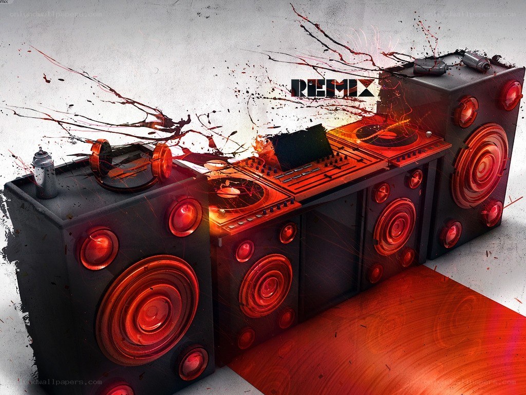DJ setup with speakers and turntables