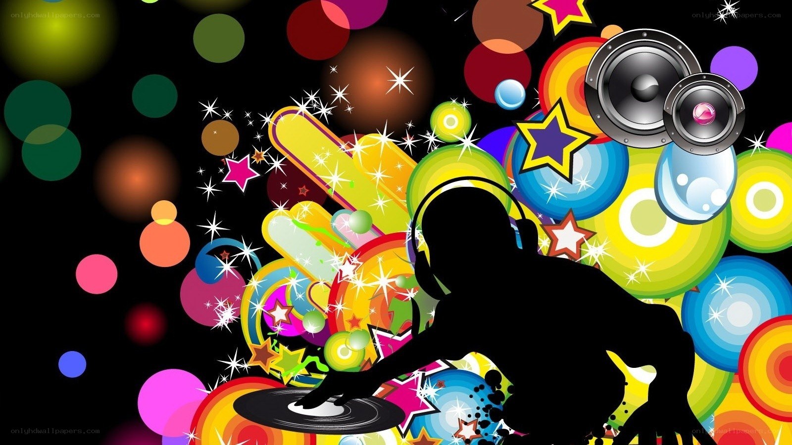 DJ silhouette with colorful graphics