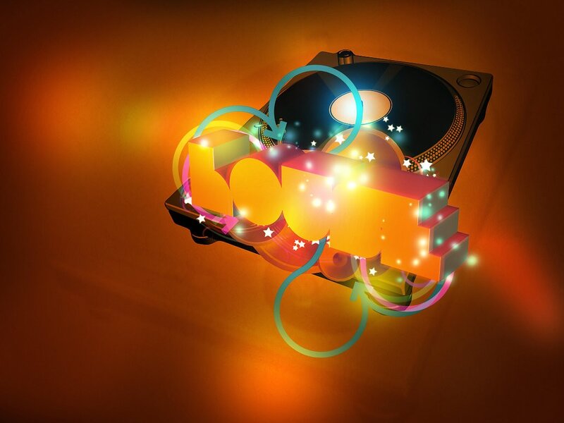 DJ turntable with glowing text