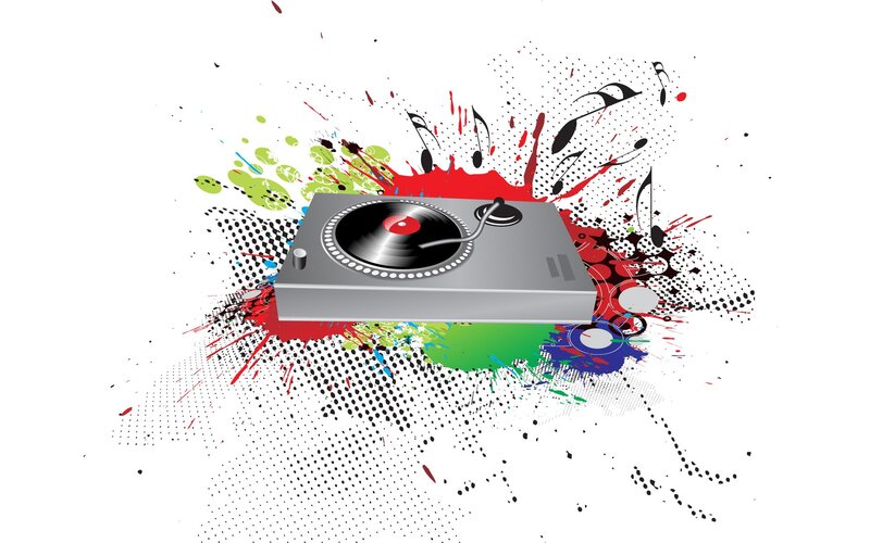 DJ turntable with music splashes
