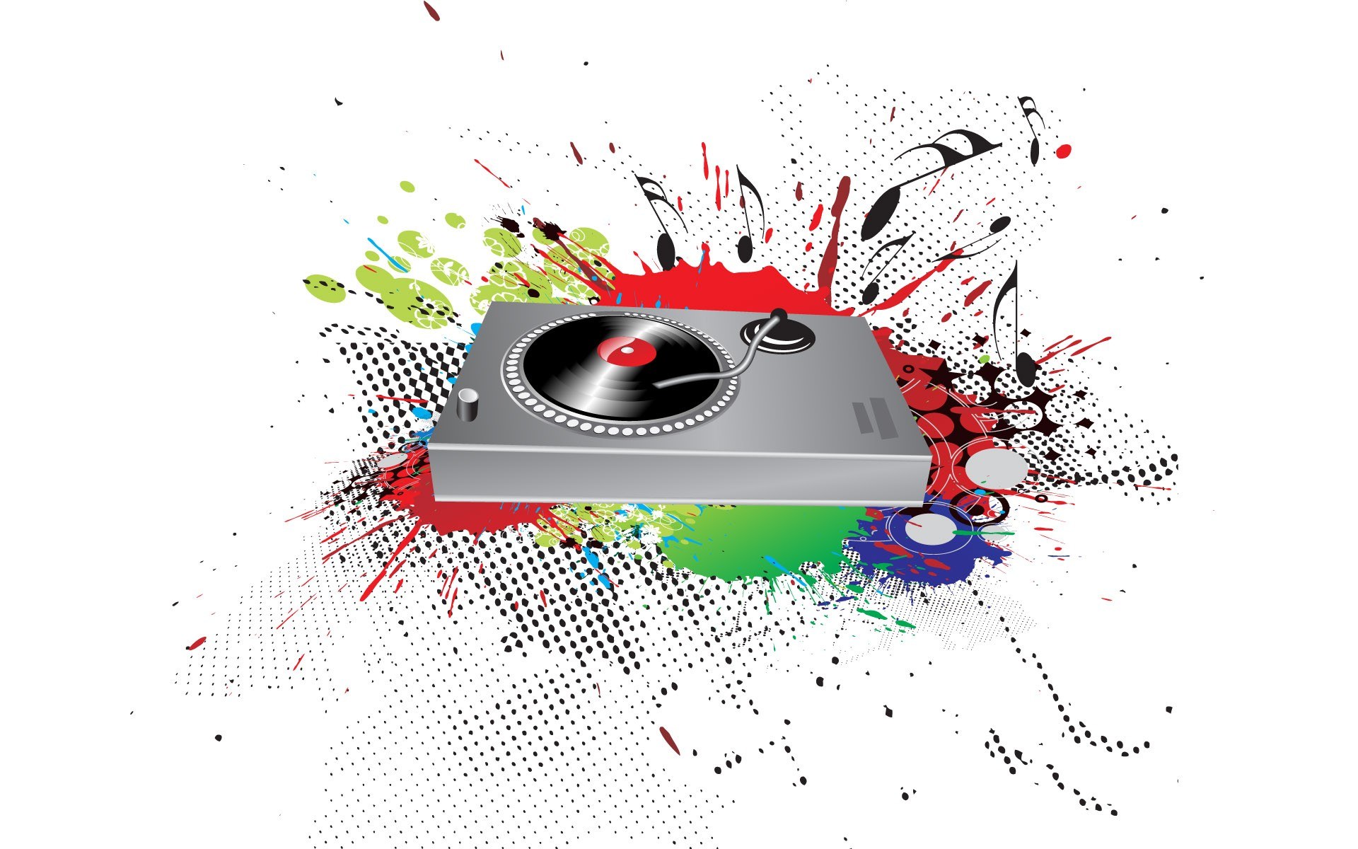 DJ turntable with music splashes