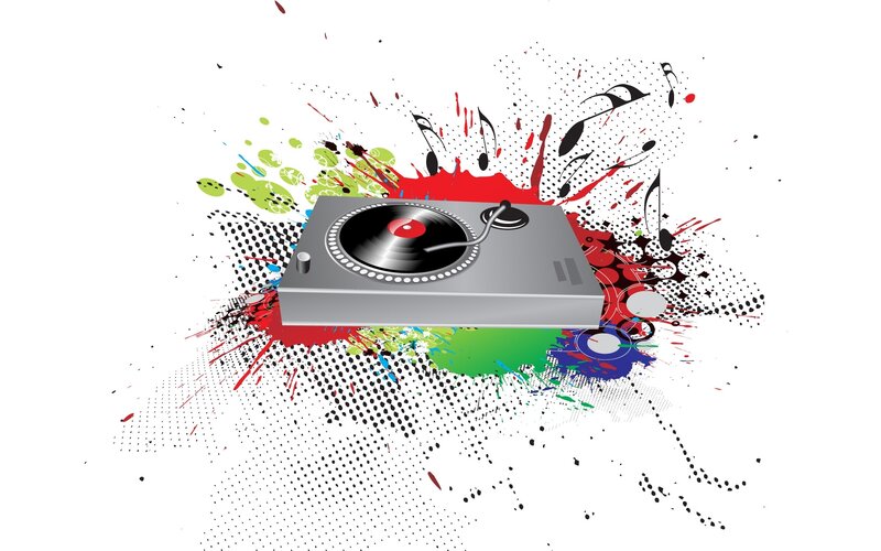 DJ turntable with music splashes