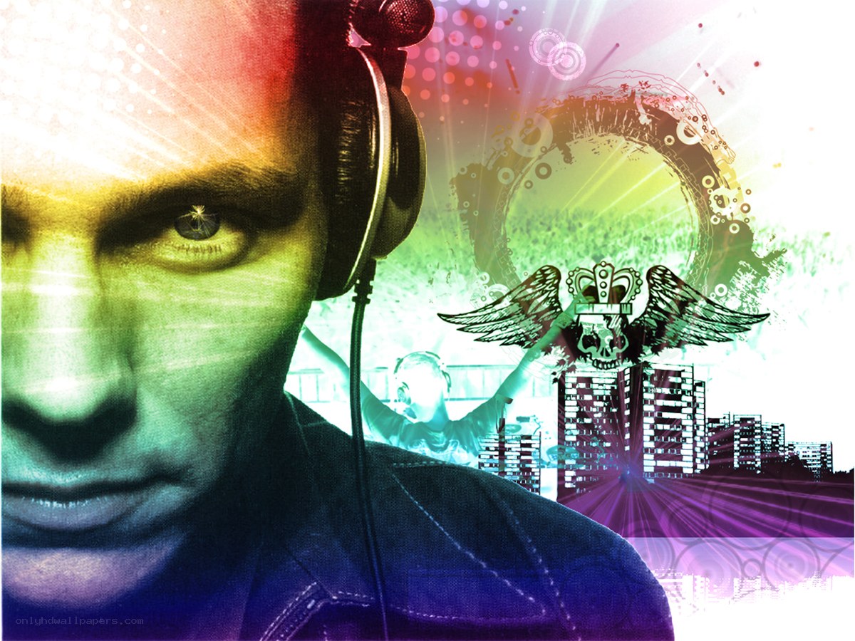 DJ with headphones in city