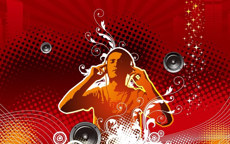 DJ with headphones on red background