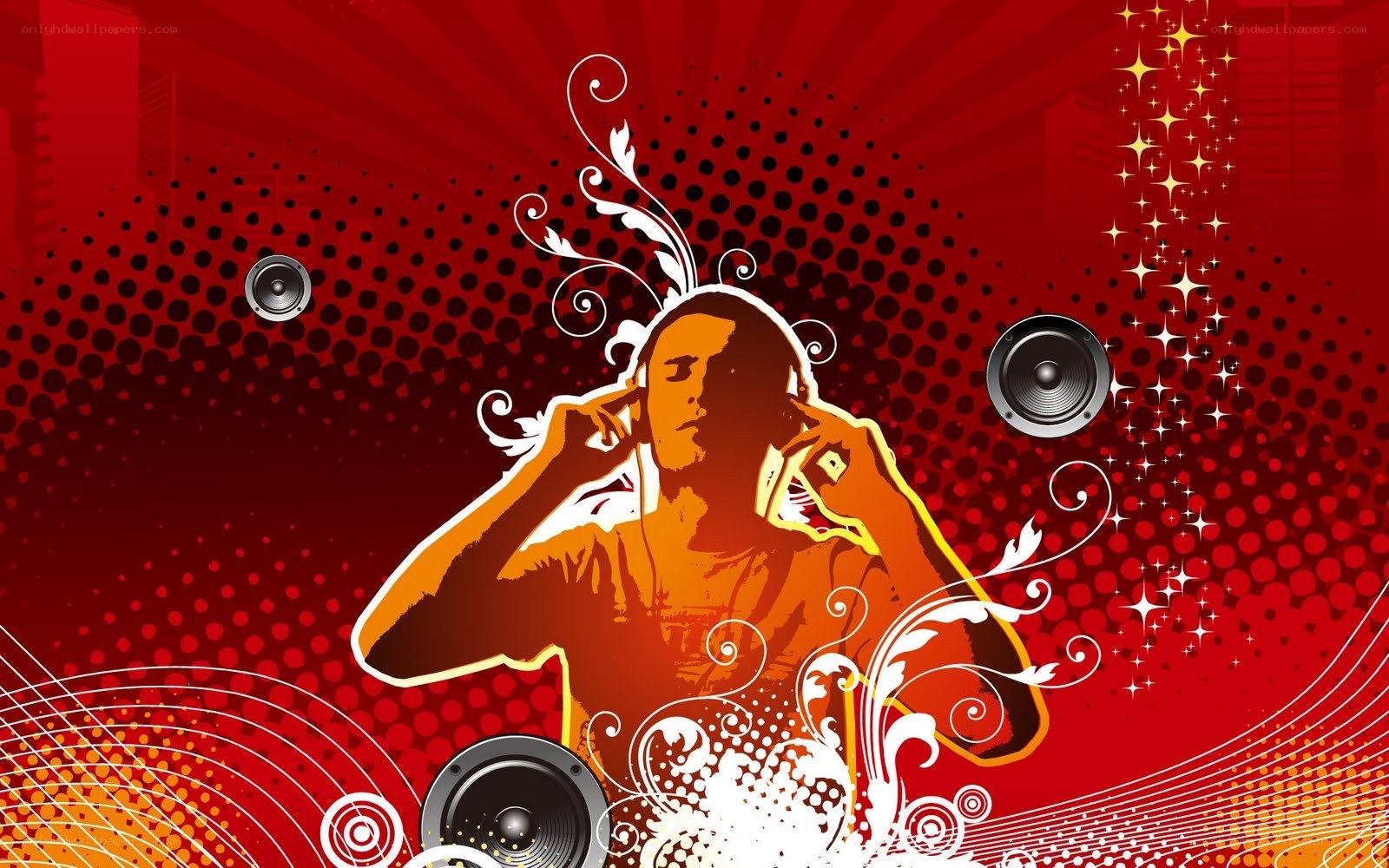 DJ with headphones on red background