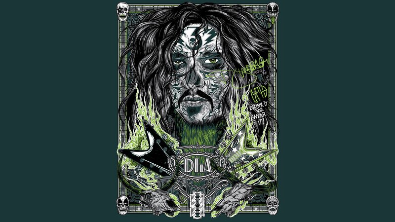 DLA band artwork with skull and guitar