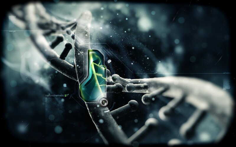 DNA Double Helix — Black, Dramatic, Digital Art, Hand, Digital Interface
