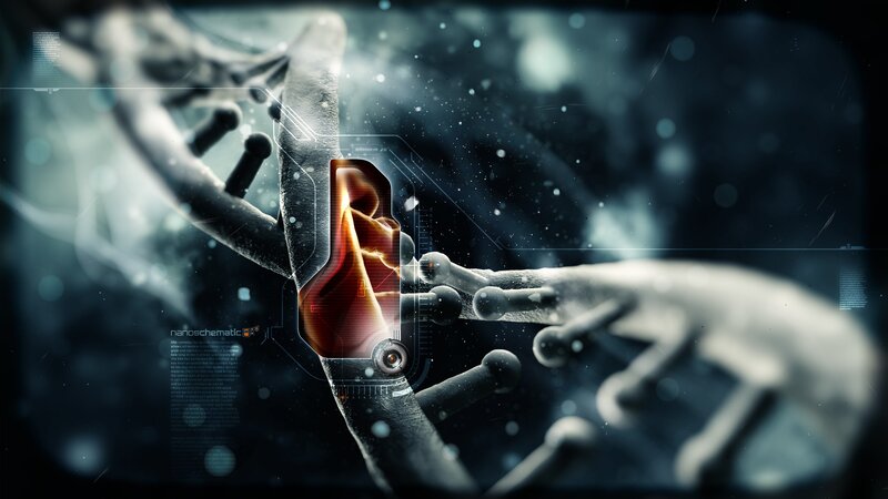 DNA Double Helix — Black, Dramatic, Digital Art, Hand, Hologram