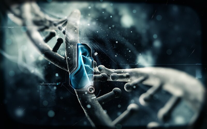 DNA Double Helix — Blue, Dramatic, Digital Art, Hand, Hologram, Molecule