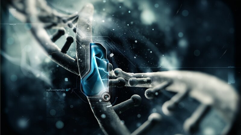 DNA Double Helix — Blue, Dramatic, Digital Art, Holographic Interface