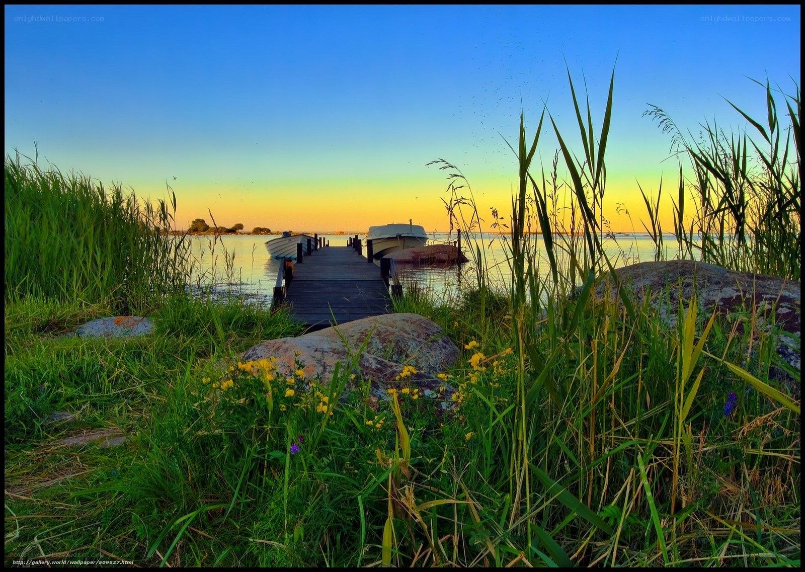 Dock at sunset with boats