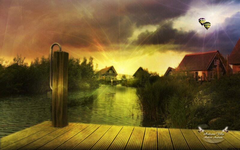 Dock at sunset with hot air balloons