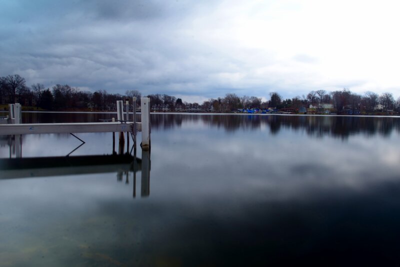 Dock on Calm Lake — Gray