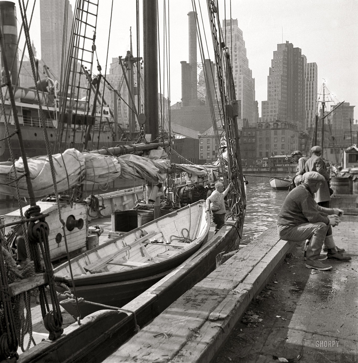Docked boats in a city harbor