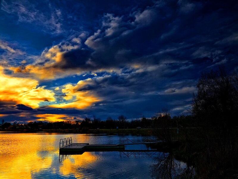Docked Pier at Sunset — Blue