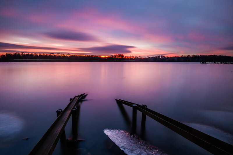 Docked Pier at Sunset — Purple, Serene, Photograph