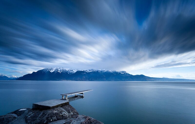 Docked Pier on Lake — Blue