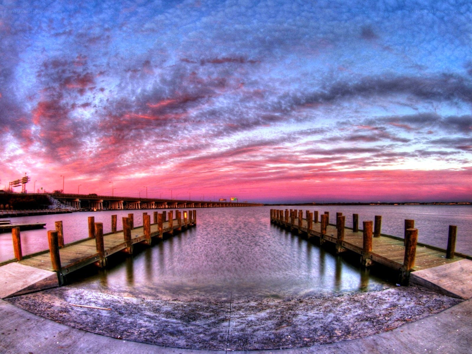 Docks at sunset with colorful sky