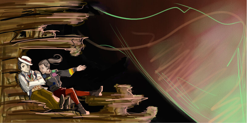 Doctor and companion in a cave