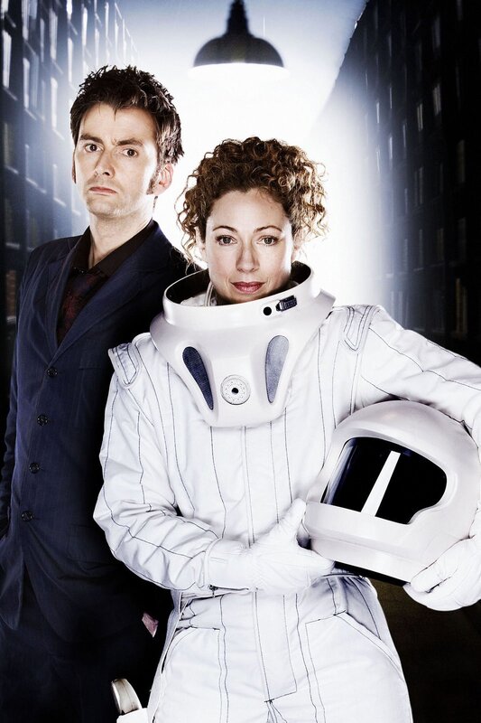 Doctor and companion in futuristic gear