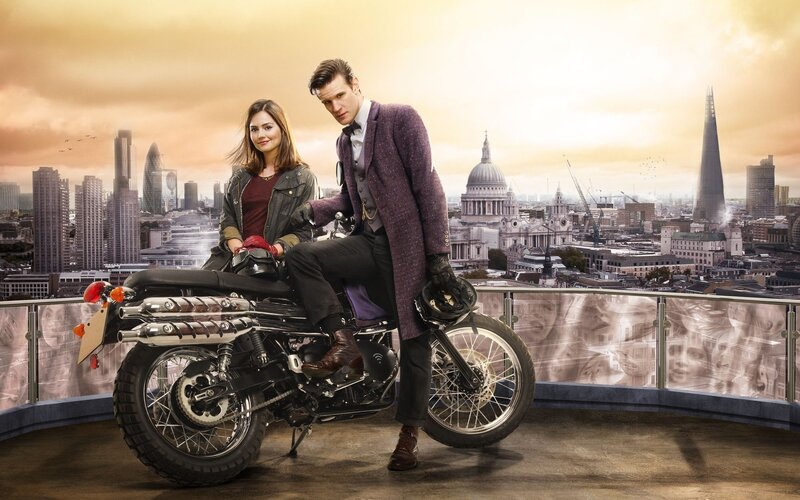 Doctor and companion on a motorcycle