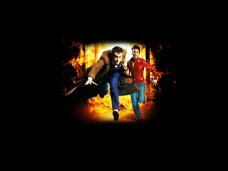 Doctor and companion running from fire