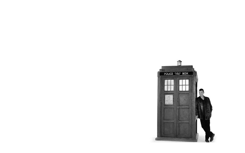 Doctor and TARDIS in black and white
