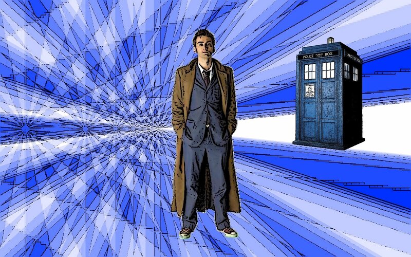 Doctor and TARDIS in blue vortex