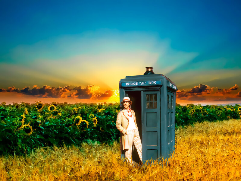 Doctor stands by TARDIS in field