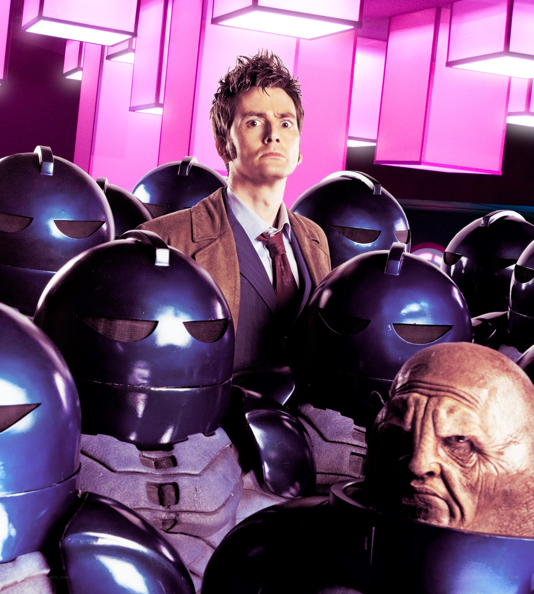 Doctor surrounded by robotic guards