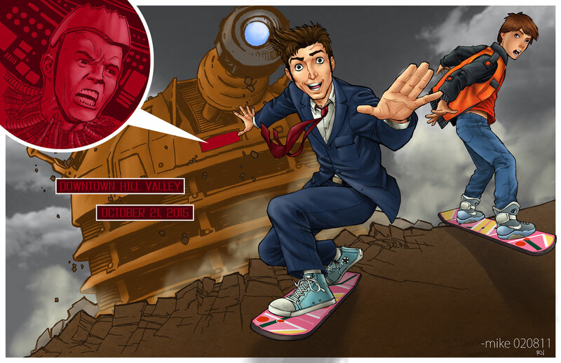 Doctor Who and Marty McFly on hoverboards